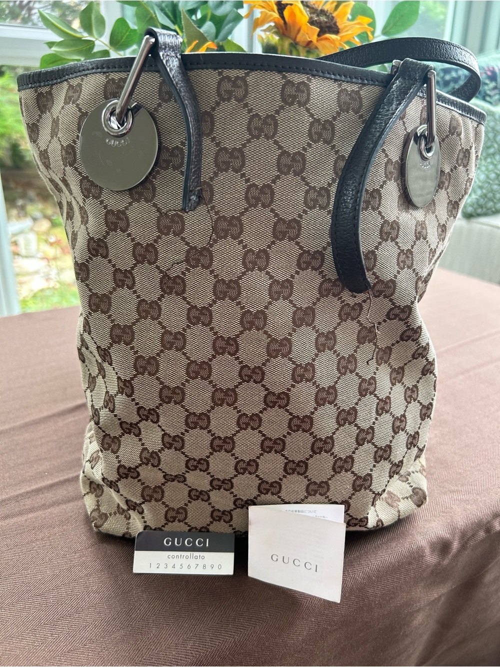 Gucci Brown/Beige GG Canvas Tote with Black Leather Trim